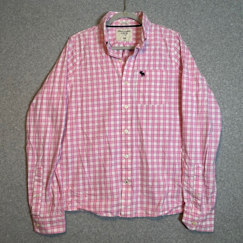 Abercrombie & Fitch Button Down Mens XXL Pink Plaid Muscle Fit Preppy Coastal